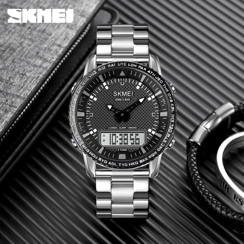 SKMEI 1898 Jam Tangan Pria Digital Analog 3Time Chronograph Tali Stenlis Sport Watch WATCHKITE WKOS