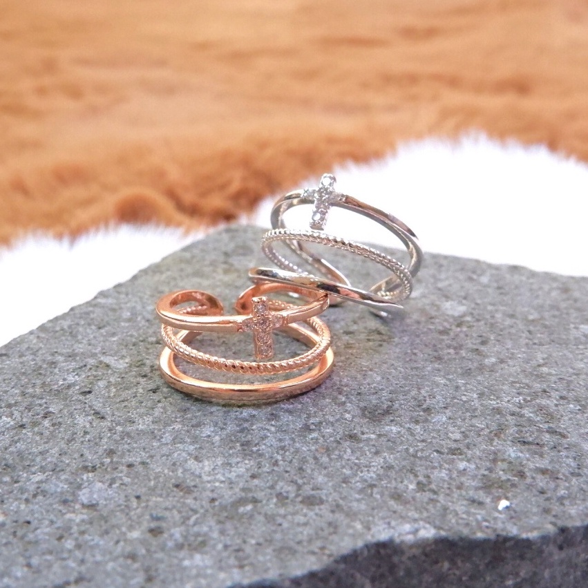 Alenza Cross Ring - Cincin Salib Titanium - Cincin Susun 3 - Cincin Tumpuk 3 - Cincin Fashion Titani