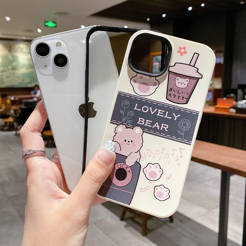 3 in 1 Casing Silikon Motif Milk Tea Bear Untuk iPhone 11 12 13 Pro MAX X XR XS MAX 7 8 Plus