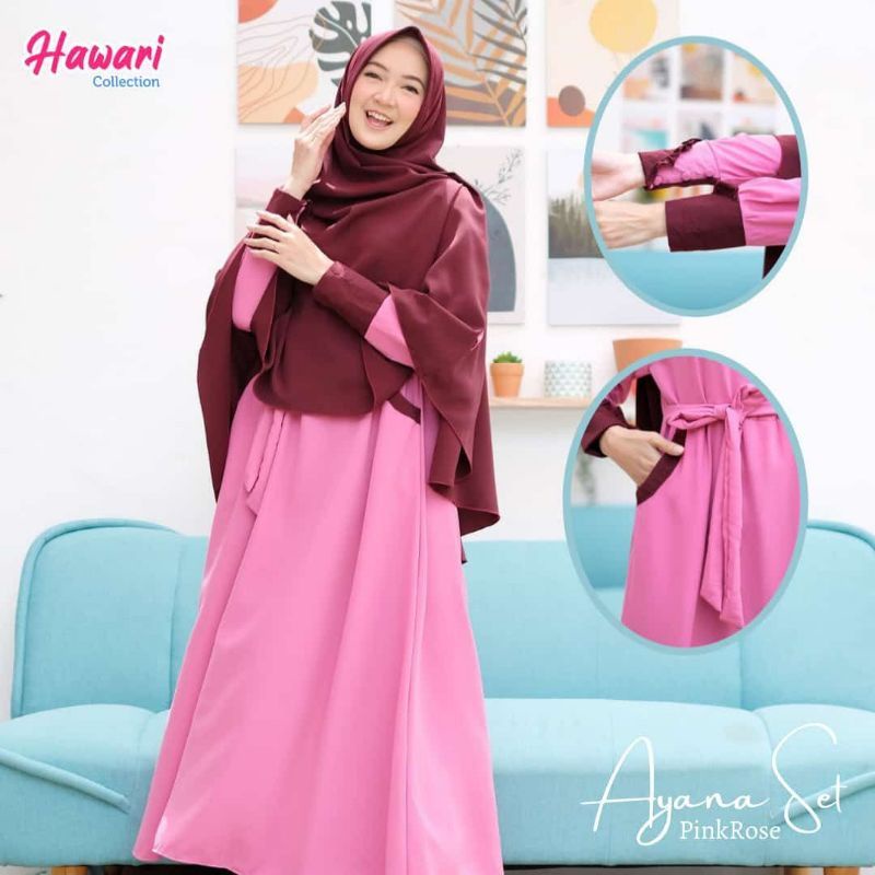 SET GAMIS + KHIMAR AYANA/ SET DRESS + JILBAB AYANA SIZE M-XL ORI HAWARI COLECTION