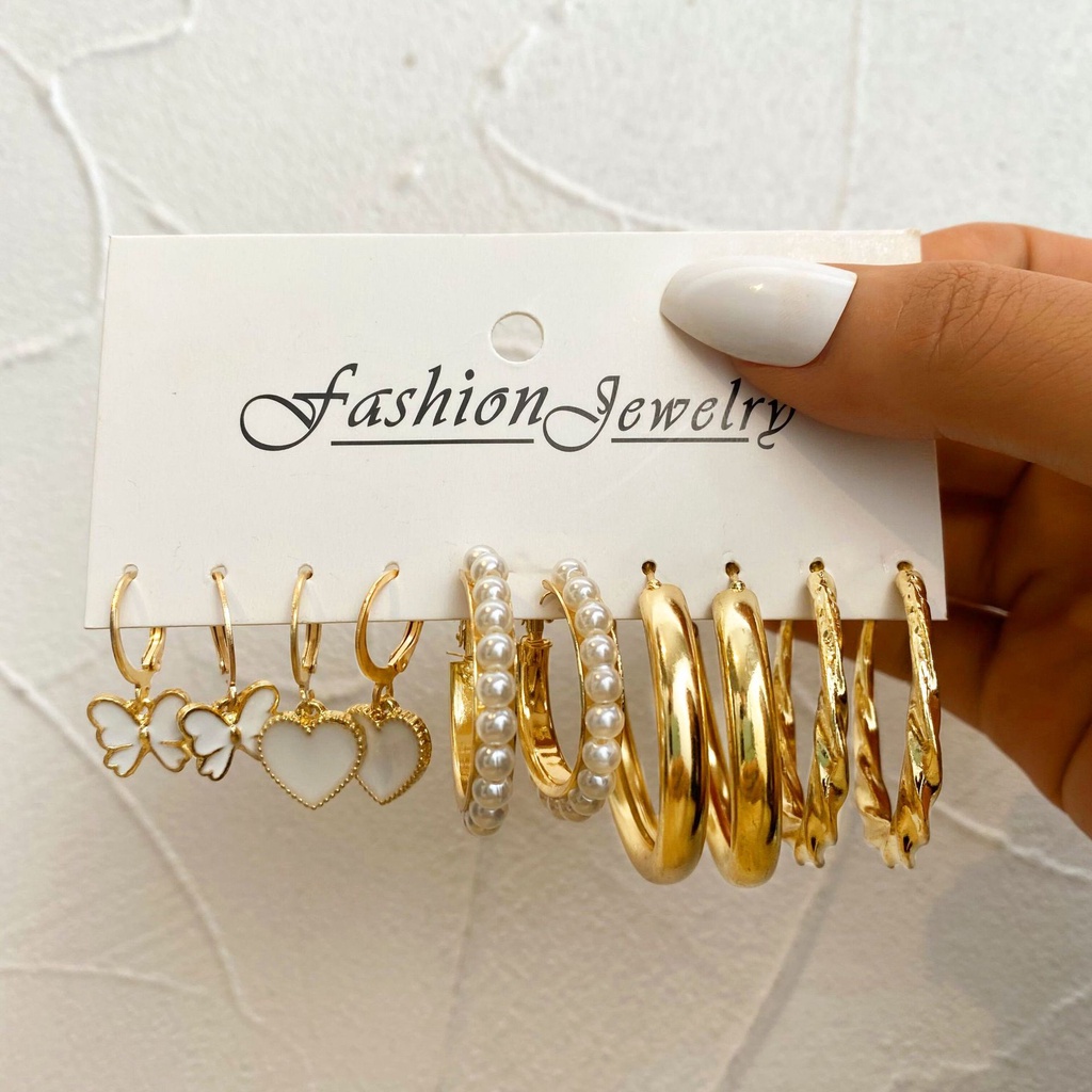 5 / 6 Set Anting Tusuk Model Kupu-Kupu / Hati / Mutiara Gaya Boho Untuk Wanita