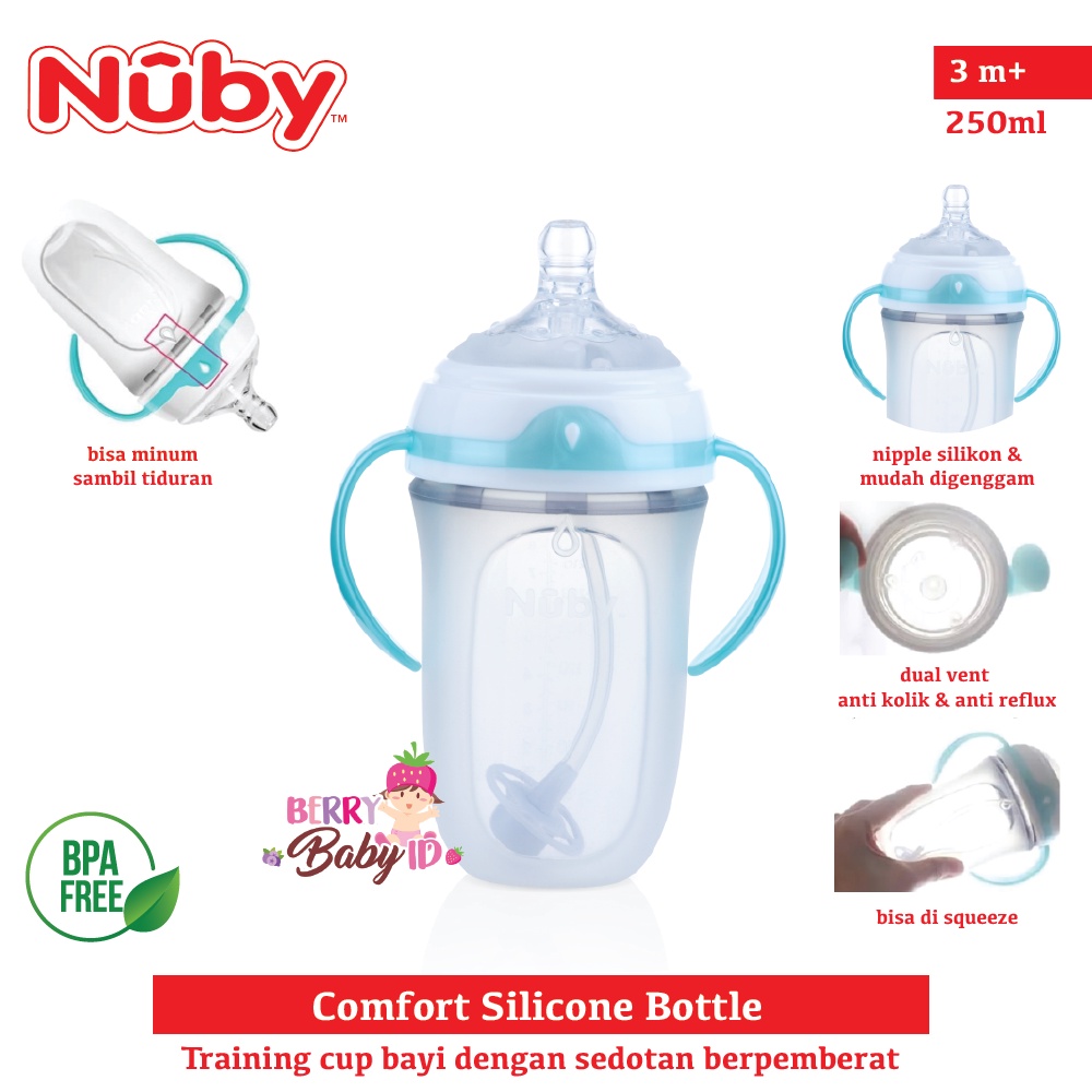 Nuby Comfort Silicone Slow Flow Bottle Botol Sedotan Bayi BPA Free 150ml 250ml Berry Mart