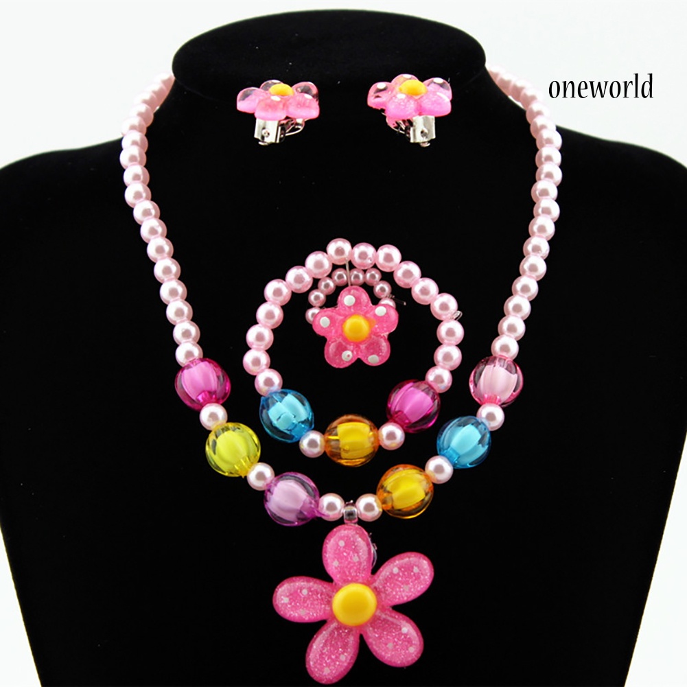 OW@ 5Pcs Handmade Flower Necklace Bracelet Ring Ear Studs Kids Girls Jewelry Set