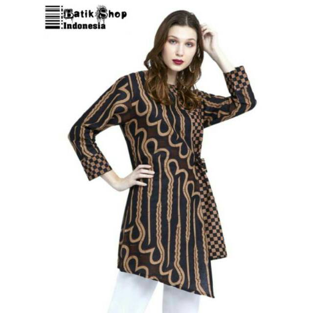 ADA JUMBO Tunik Genes Ziggy Tali Batik Wanita Baju Kerja Kantoran Kondangan Parang Hitam Sogan