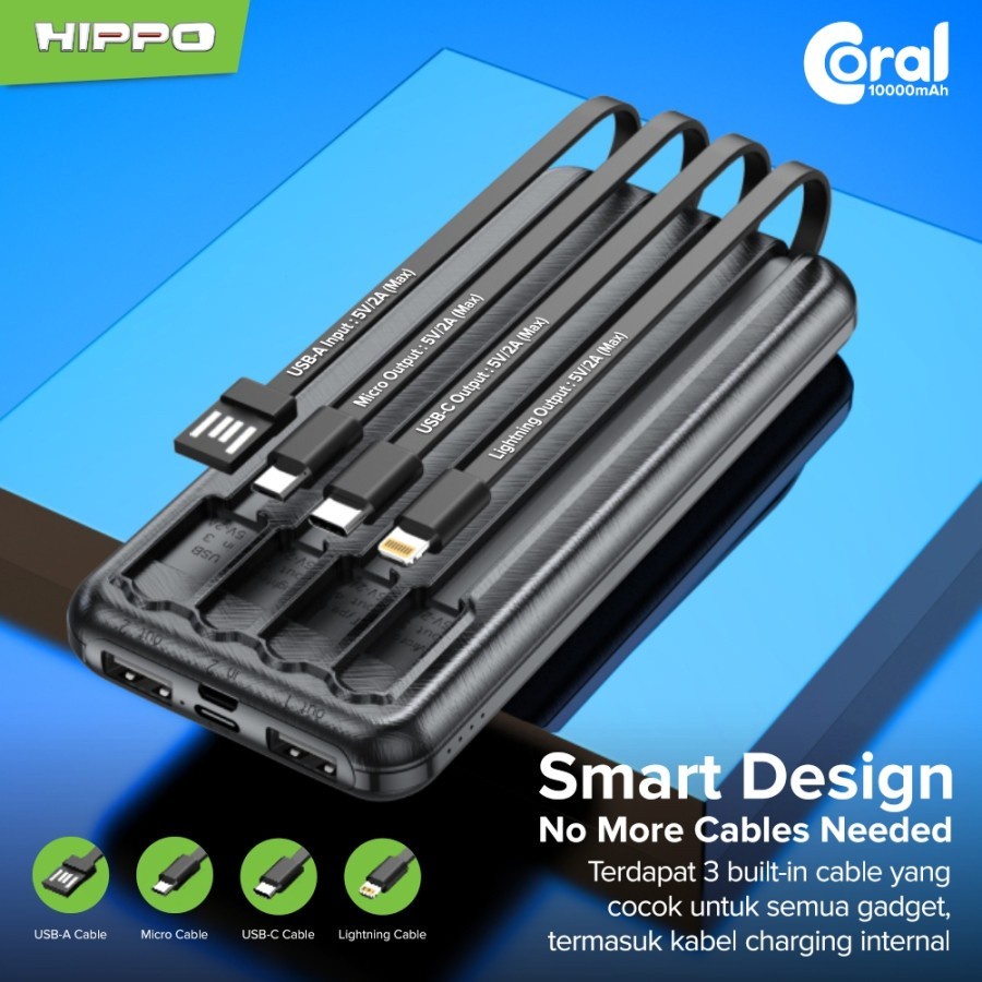 Hippo Power Bank Coral 10000 mAh 5 Port Output 2.4A Include Kabel Type C Micro USB Lightning Powrbank 10000mAh Original Ori