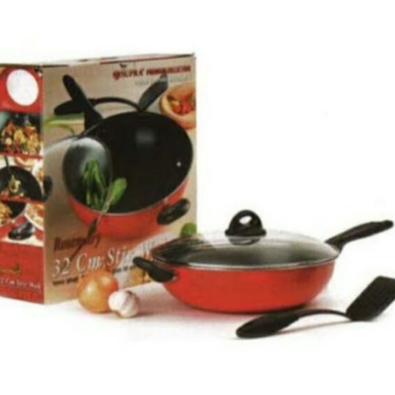 Stir wok 32 cm tutup kaca + spatula supra