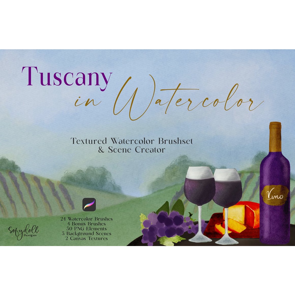 Procreate Brush - Tuscany Watercolor Brushset, Canvas &amp; Scene Creator