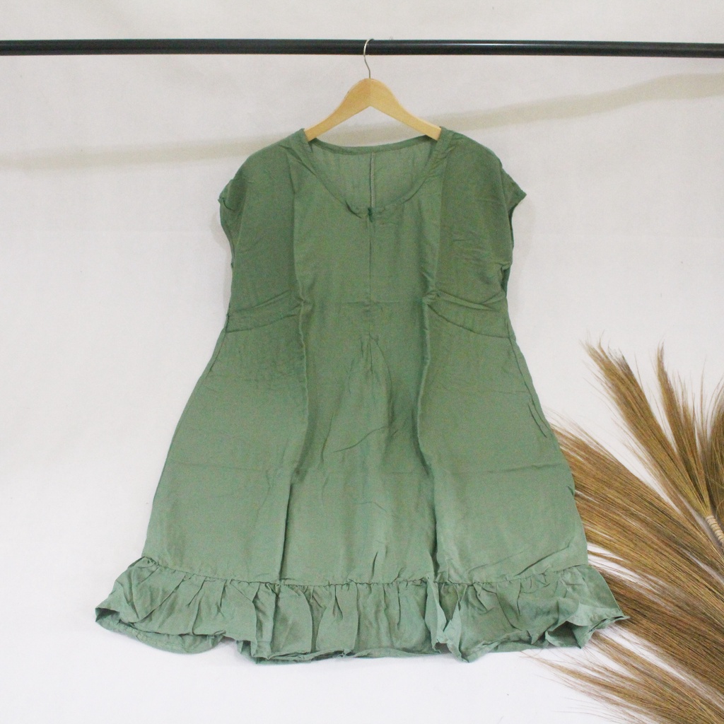 Daster Mega Polos Ruffle / Rempel Selutut Jumbo XXL LD 120 Bahan Rayon Busui Friendly by Kadina-Polos Soft Green