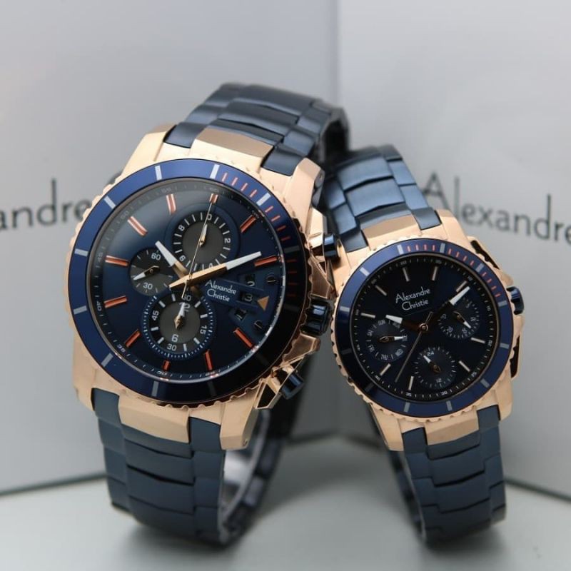 Jam Tangan Couple Alexandre Christie AC 6455 Couple / AC6455 MC Blue / Rose Gold Original