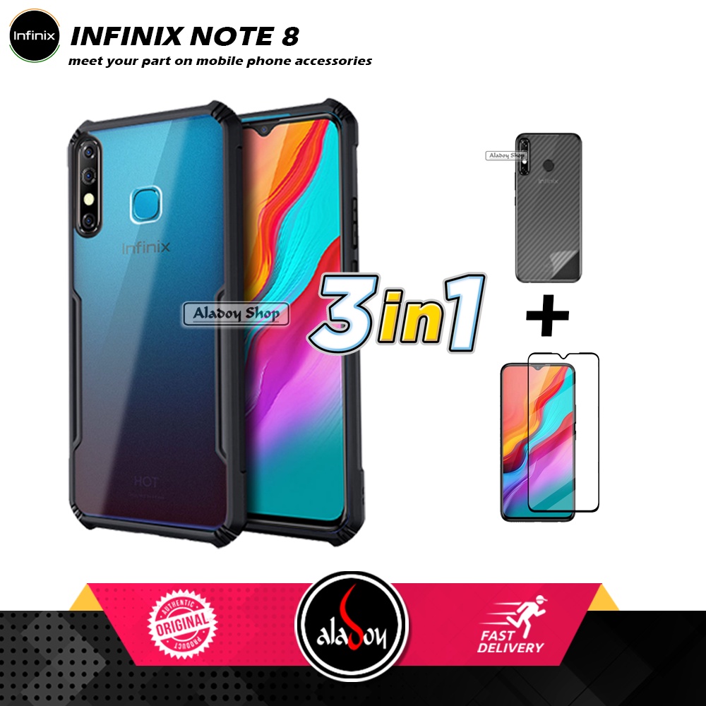 Case Infinix Hot 8 Armor Fushion Transparent Casing + Tempered Glass Full Layar dan Skin Carbon