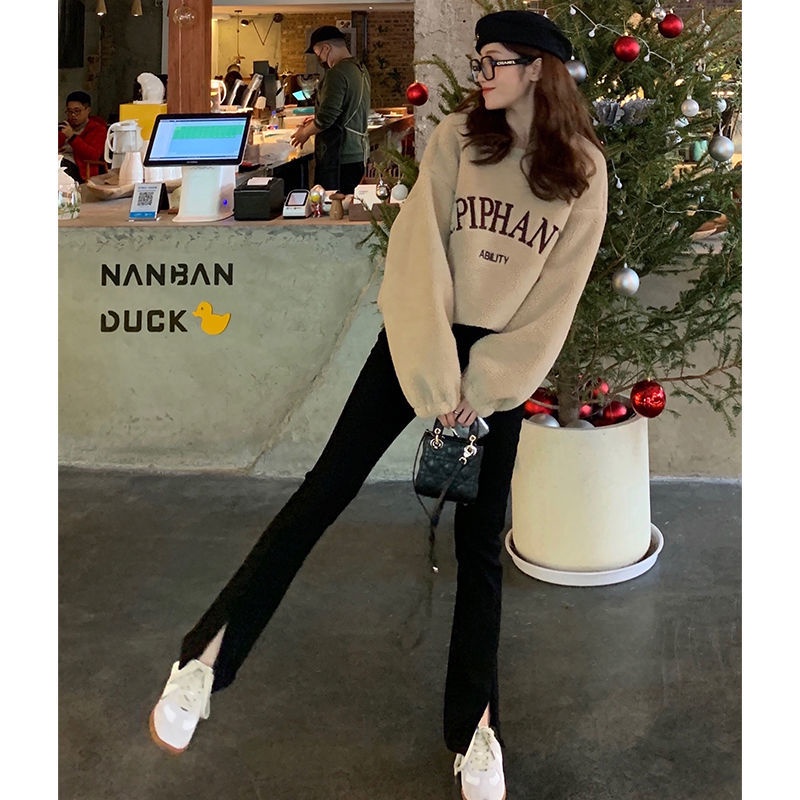 Red wanita slit jeans womens 2022 summer thin section, wide-legged, micro-flare, slim fit and slim celana hitam versi Korea