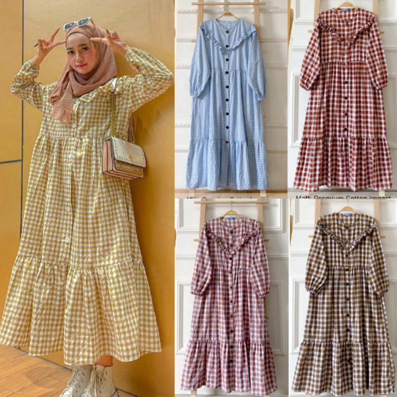 Midi Reyna Katun Dress Hayya Gingham Tarta Midi warna lengkap