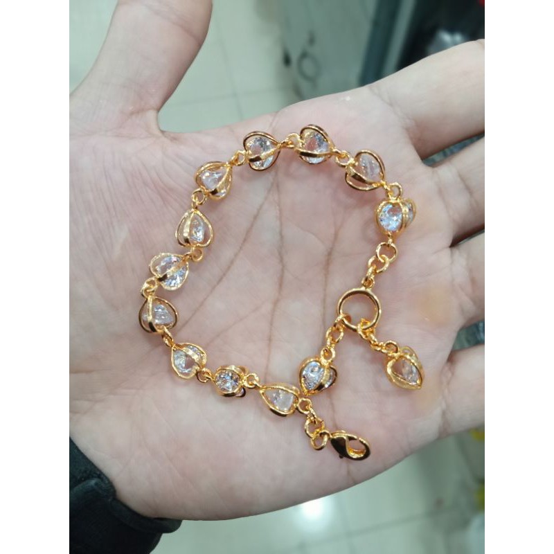 Gelang tangan xuping wanita dewasa berlapis emas dengan mata kristal putih uk20cm.