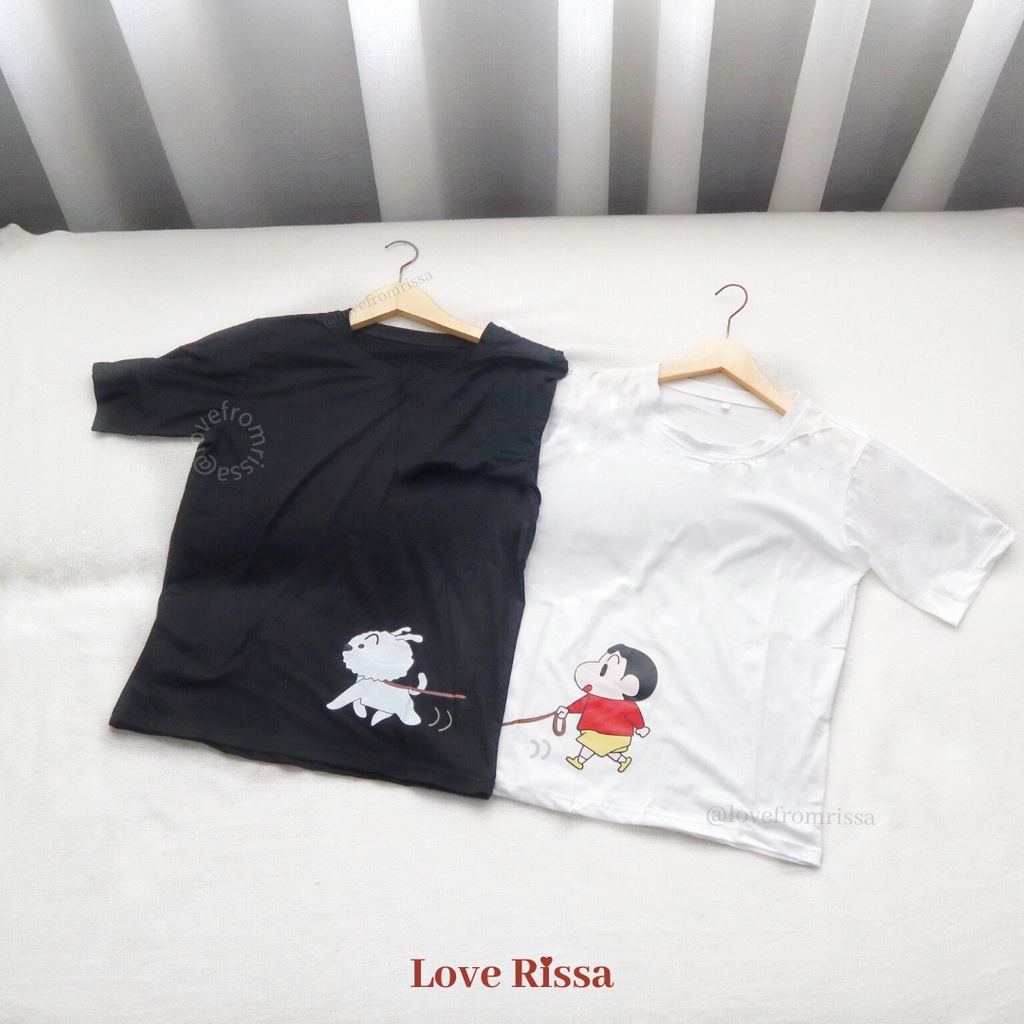 Kaos Tshirt Couple Shinchan Shiro Unisex Atasan Korean Street Baju Lengan Pendek Love Rissa