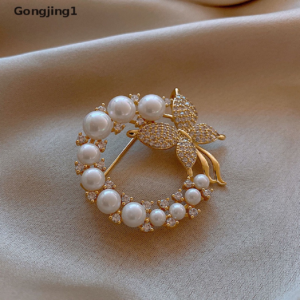 Gongjing1 Bros / Pin Bentuk Kupu-Kupu Aksen Mutiara + Berlian Imitasi Untuk Aksesoris Wanita