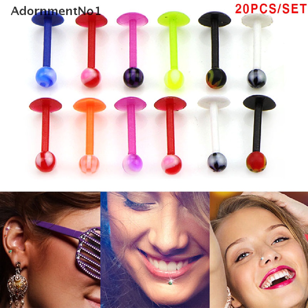 (AdornmentNo1) 20pcs / Set Anting Tindik Lidah / Bibir / Tubuh Desain Barbell Warna Warni