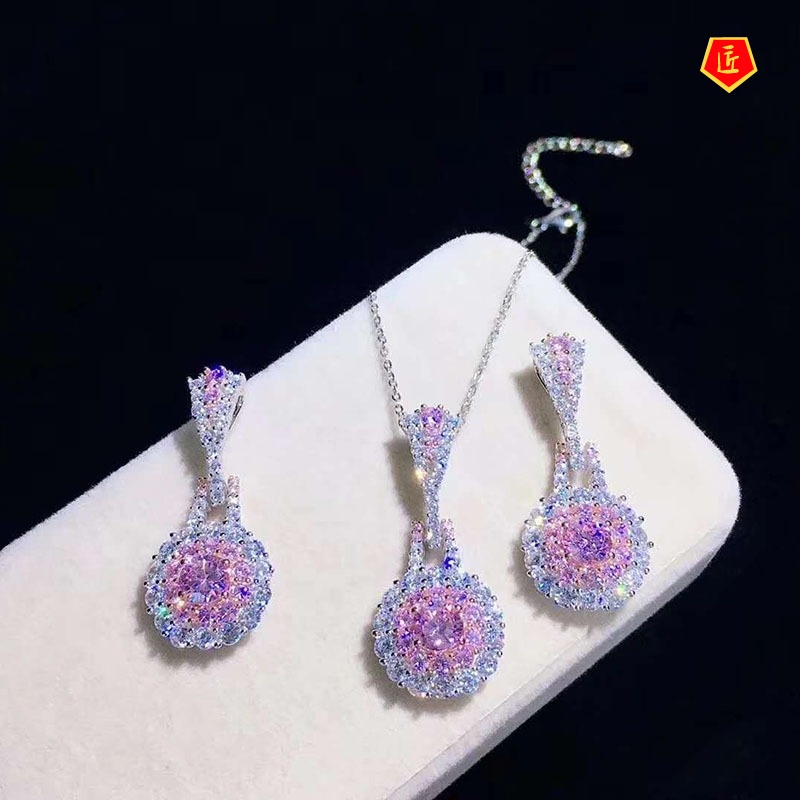 [Ready Stock]Pink Crystal Set Earrings Ring Necklace Retro Exquisite