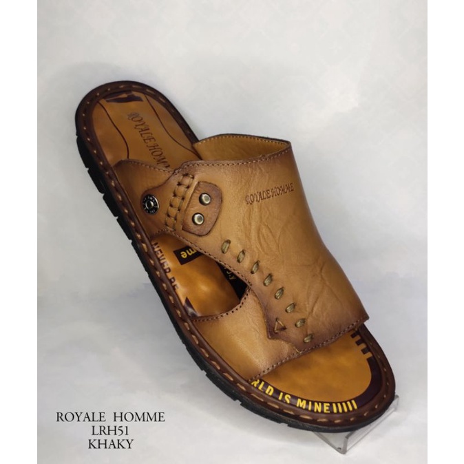 Sandal pria sandal slide Royale Homme, sandal elastis kulit asli