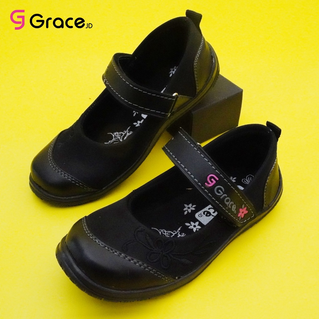 GRACE [HNB 01] 26-35/ Sepatu Sekolah Anak Cewek Perempuan Hitam/ Sepatu Flat Tali Perekat Bunga