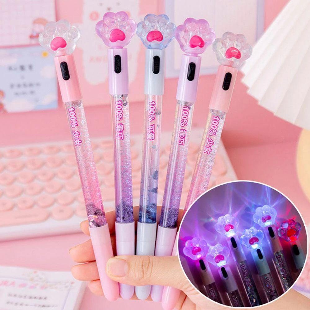 Lanfy Cat Paw Gel Pen Kawaii Alat Tulis Siswa Glitter Light Perlengkapan Menulis Pasir Drift Kristal 0.38mm Dengan Lampu Led Tulisan Pen