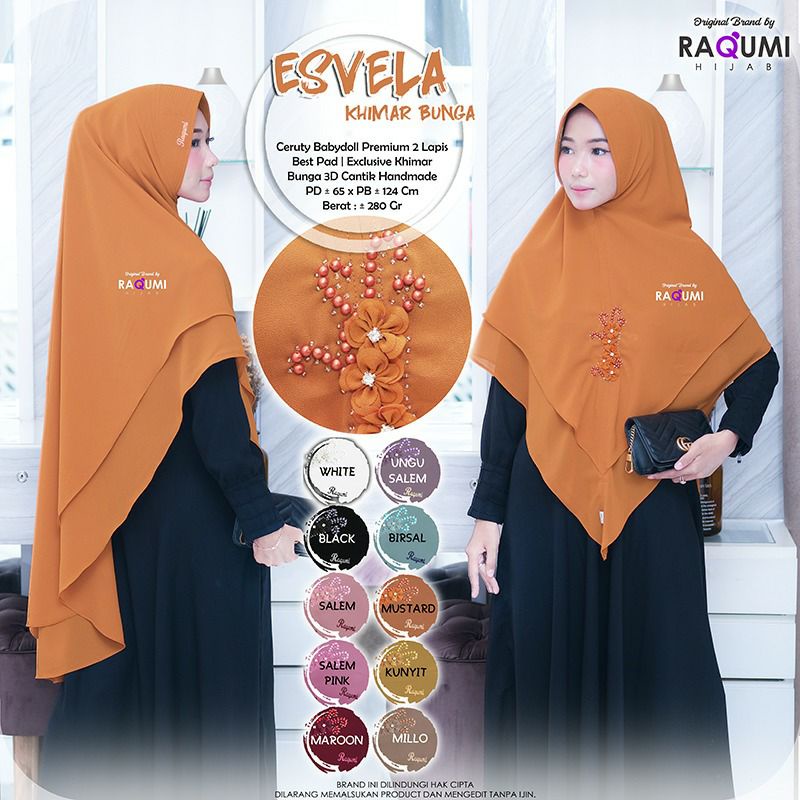 [Exclusive Khimar] Esvela Khimar Bunga Berlabel ORI Raqumi Hijab Bahan Ceruty Babydoll Premium 2 Lap