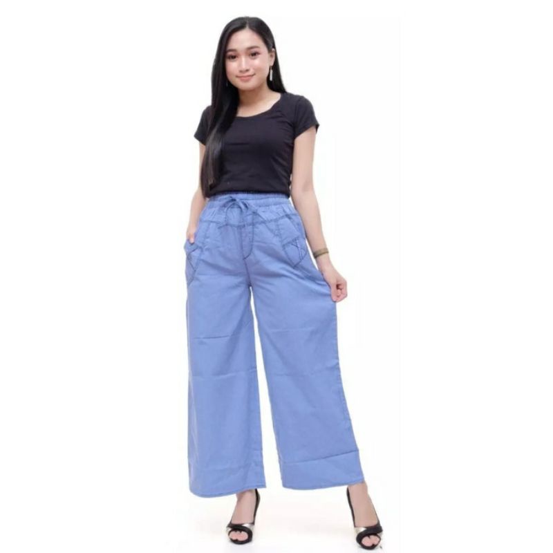 KULOT JEANS PINGGANG KARET WARNA BIRU - HIGH WAIST KULOT RAWIS KOREAN