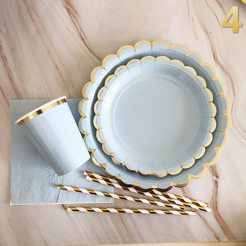 40Pcs/set Disposable Light Blue Bronzing Tableware Paper Dessert Dinner Plate for Festival Party Supplies