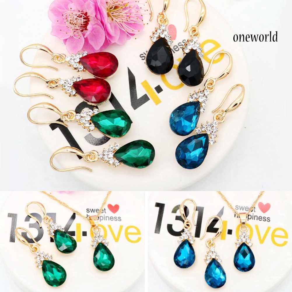 OW@ Vintage Teardrop Rhinestone Women Jewelry Set Necklace Hook Earrings Pendants