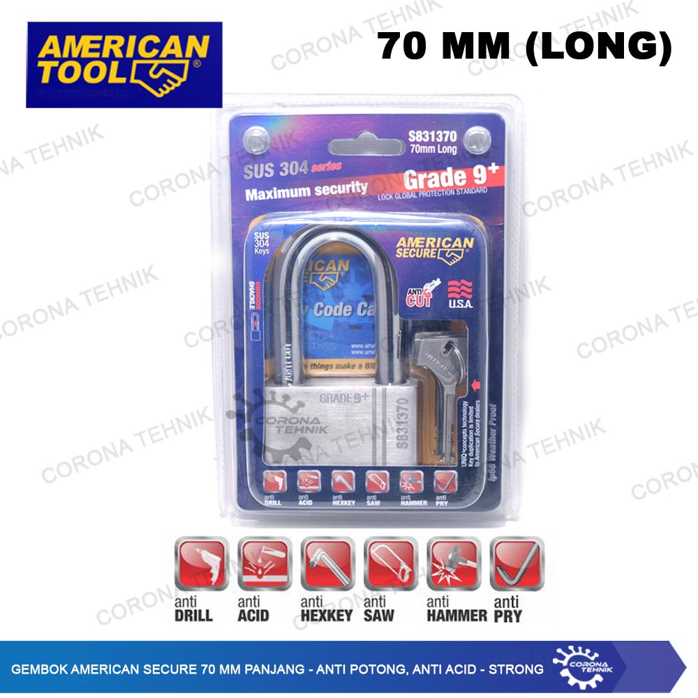 American  - Gembok Secure 70 mm Panjang - Anti Potong, Anti Acid - Strong