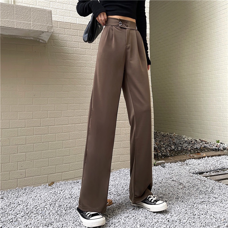 yikoo-Celana panjang dua kancing setelan high waist pants casual wanita