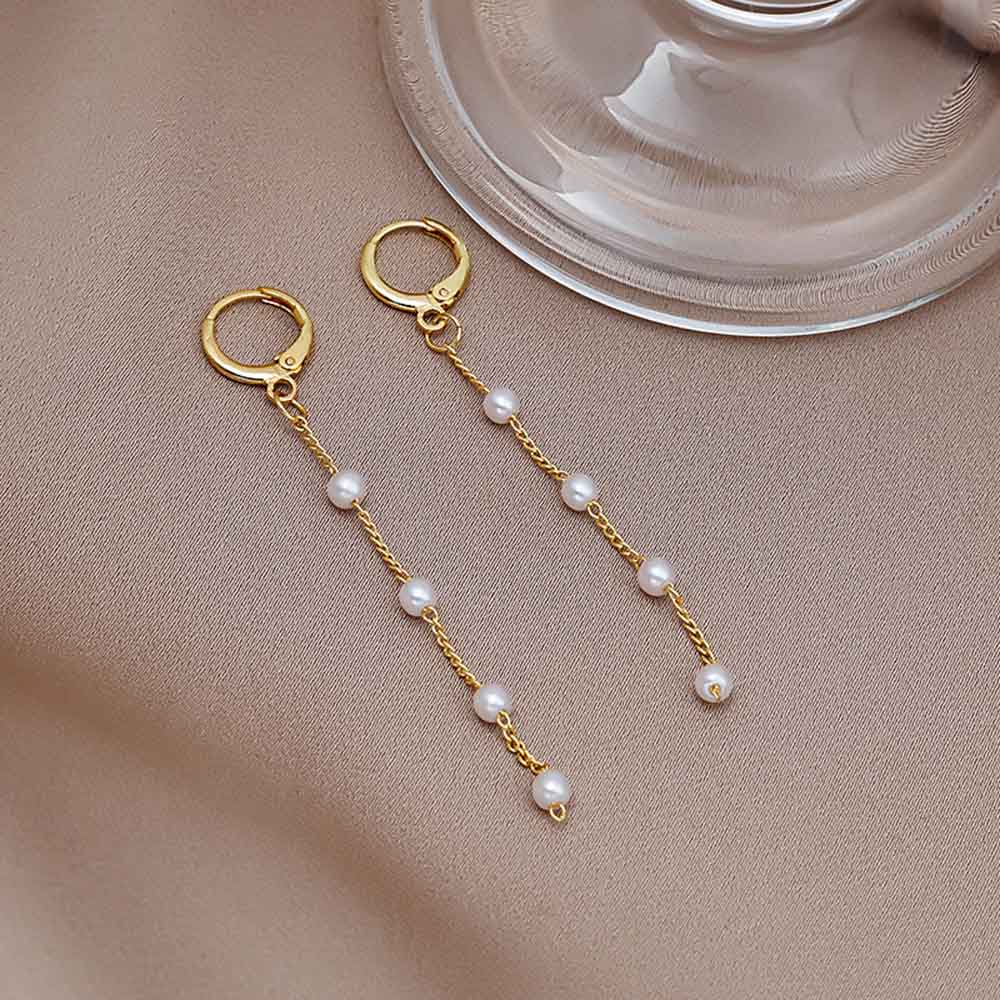 Anting Rantai Panjang Rumbai Lapis Emas Aksen Mutiara Untuk Wanita