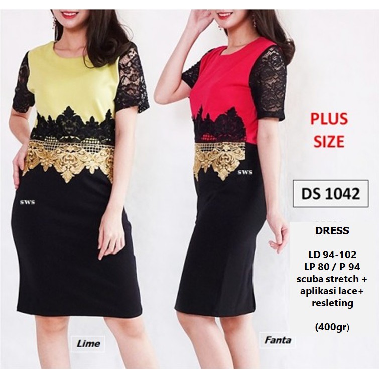 DS1042 - DRESS PESTA DRESS LACE MIDI DRESS SCUBA BRUKAT IMPORT BIGSIZE