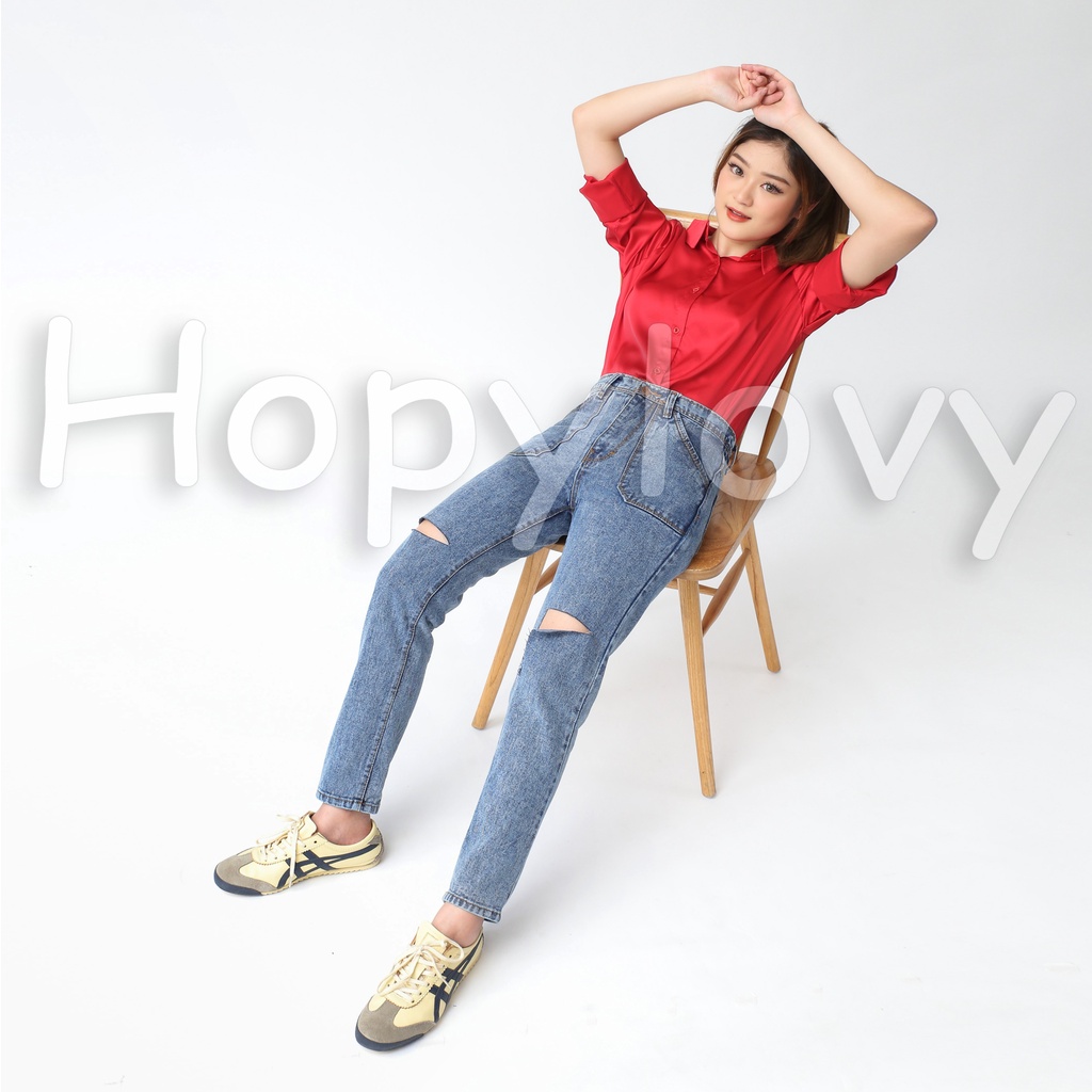 HOPYLOVY Celana Boyfriend Jeans Wanita Highwaist Celika