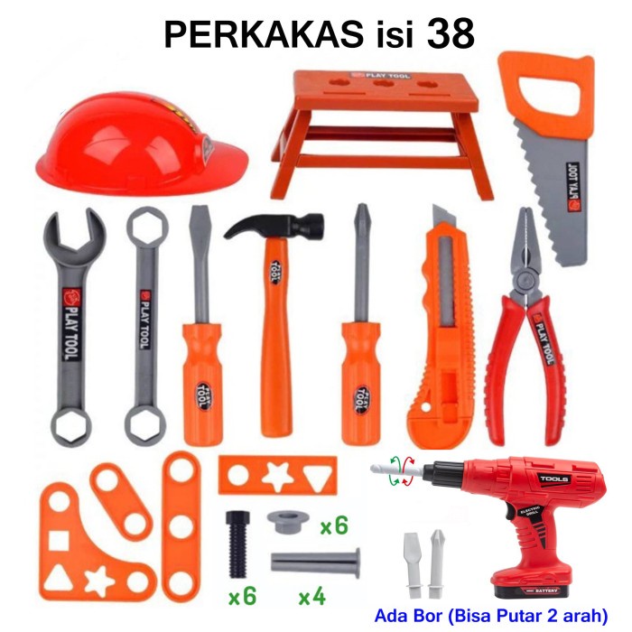 Mainan Anak Mainan Anak Laki Tool Set 34in1Alat Perkakas Tukang Gergaji Obeng Helm - 38 in 1(P9M8) M