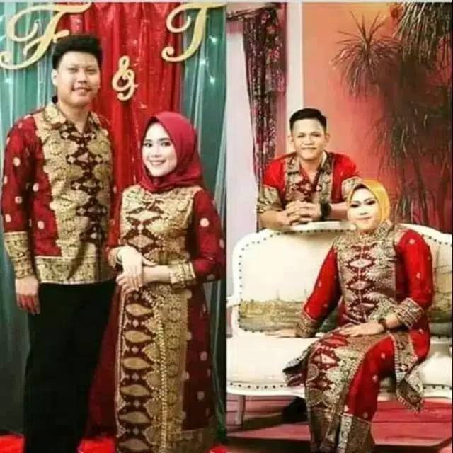 setelan couple batik songket palembang maron gold