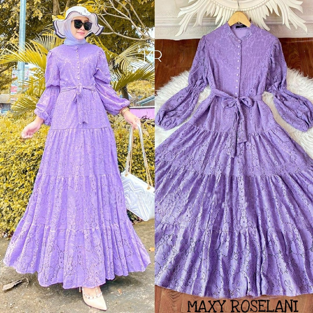 Roselani Maxi Dress Gamis Brukat Tulang Corneli Lapis Furing Full Ada Tali Pinggang