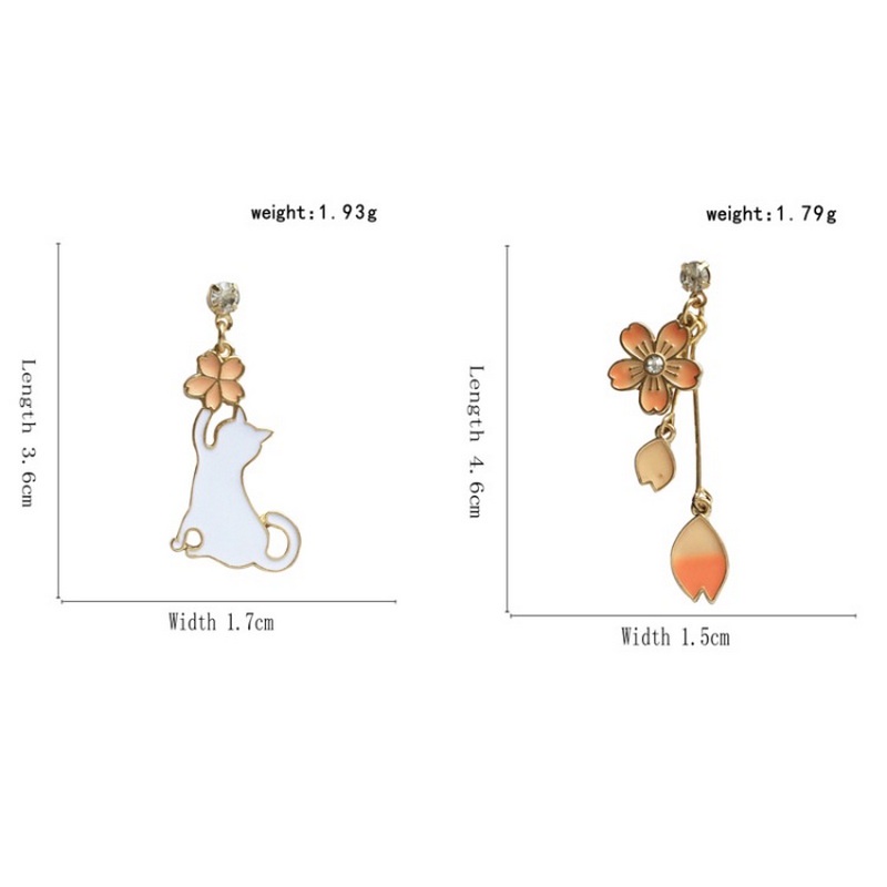 Kitten Cat Flower Asymmetrical Long Tassel Pendant Rhinestone Painting Oil Stud Earrings Korean Fashion Jewelry Ladies Cute Accessories