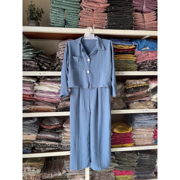 ONE SET CROP TOP BLEZER || KEMEJA CROP CRINGKLE || SET WANITA-BLUE DENIM