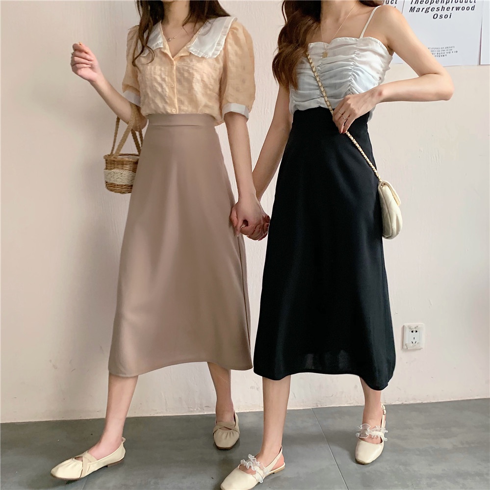 COD New 2022 Fashion Korea Women Black Apricot Blue Midi Skirts The New perangai Pinggang tinggi Tipis Padat warna mid-length ayunan besar rok A-line