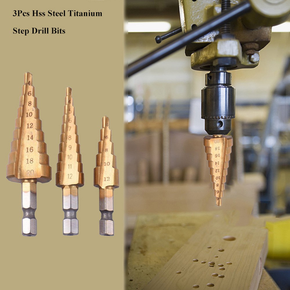 3PC Drill Bit HSS Titanium Coated Hex Shank Step Drill bit set cone hole cutter ，Bits  Taper metric 3-12mm 4-12mm 4-20mm