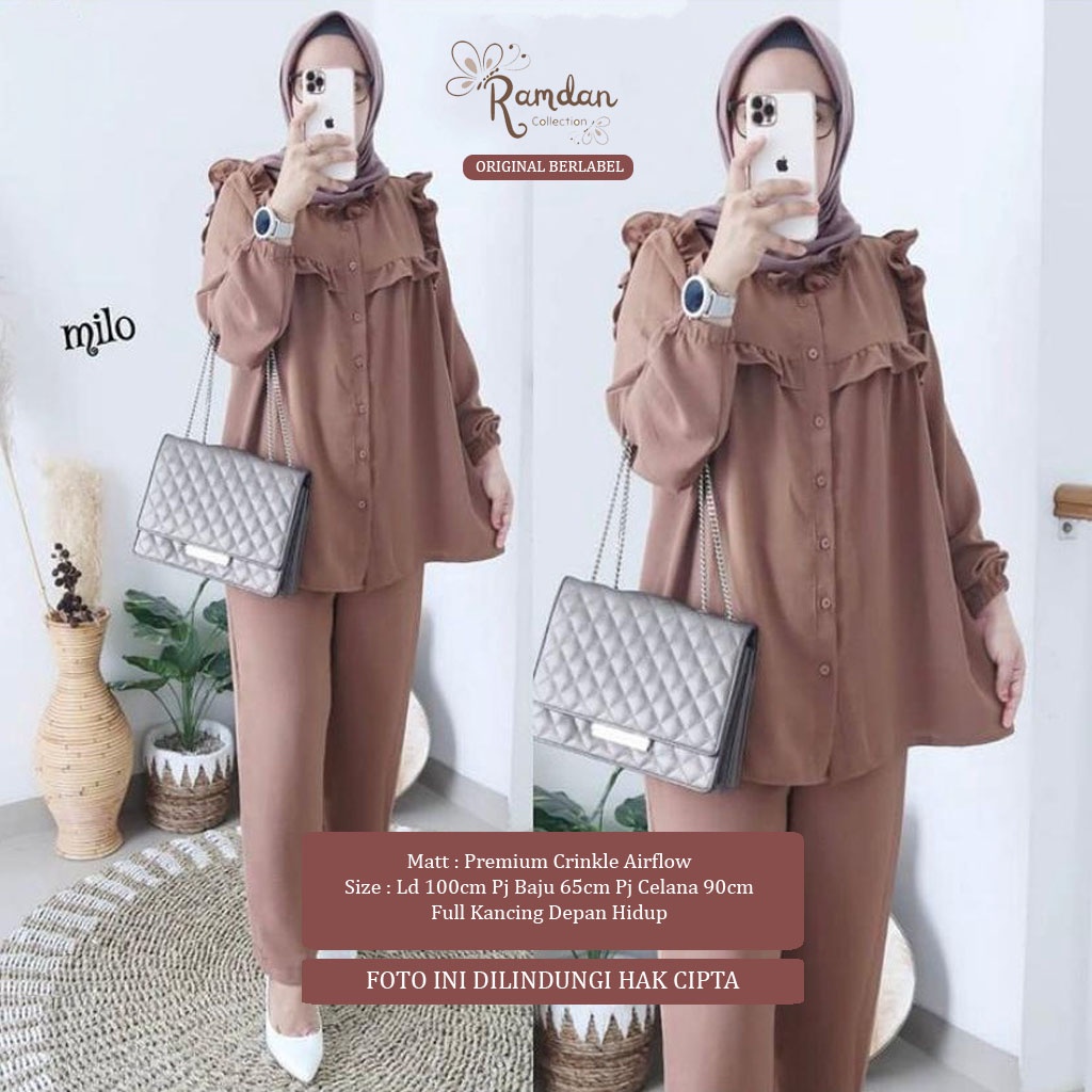 Ramdan Collection A043 | Milly One Set Matt Crinkle Airflow Setelan Wanita Kekinian Tunik + Celana Import Fashion Muslim Jumbo OOTD Baju Wanita OOTD Atasan Premium Terbaru Anak Perempuan Long Murahan Kondangan Hitam Long Tunik Busui Friendly