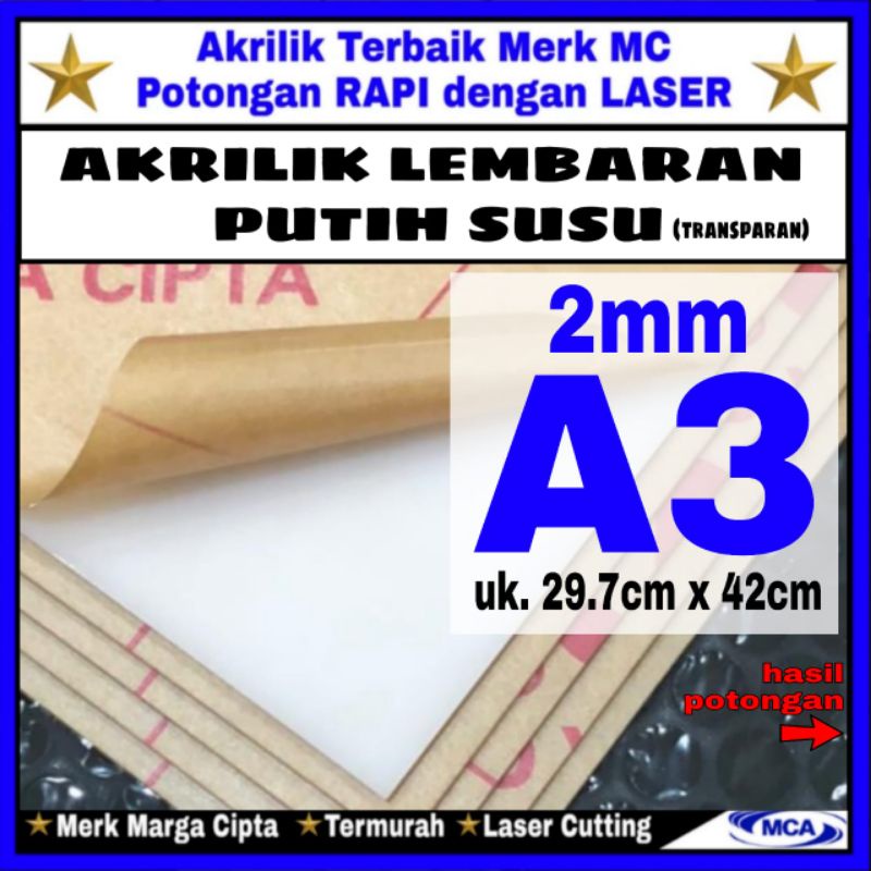 AKRILIK lembaran PUTIH SUSU 2mm A3 / Marga cipta / Acrylic