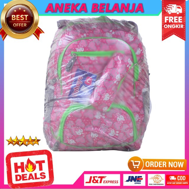 TAS SEKOLAH SD SMP CAHAYA KITTY PINK VARIASI HIJAU BACKPACK ANAK CEWEK KARAKTER LUCU FREE RAINCOVER