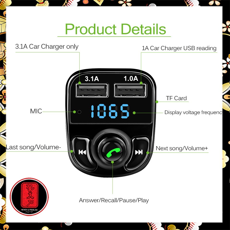 Bluetooth Audio Receiver FM Transmitter Handsfree with USB Car Charger - HY-82 - Black