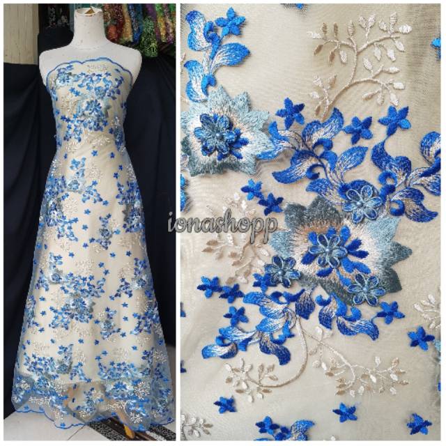 Kain Tile Bordir Milena Biru Elektrik 3d Tulle 3d Pearl Shopee Indonesia