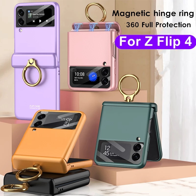 1Pc Magnetic Hinge Ring Case for Samsung Galaxy Z Flip 4 / Full Body Protection Cell Phone Cover with Finger Ring Stand/Hard Shockproof Case