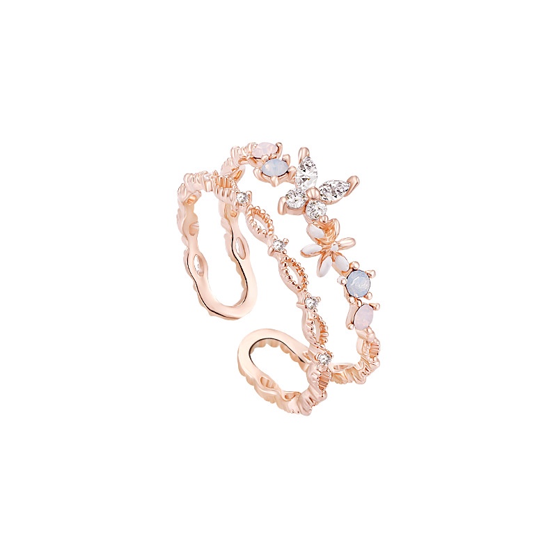 Cincin Model Terbuka Bahan Titanium Steel 18K Warna Rose Gold Desain Bunga Aksen Zircon Untuk Pasangan