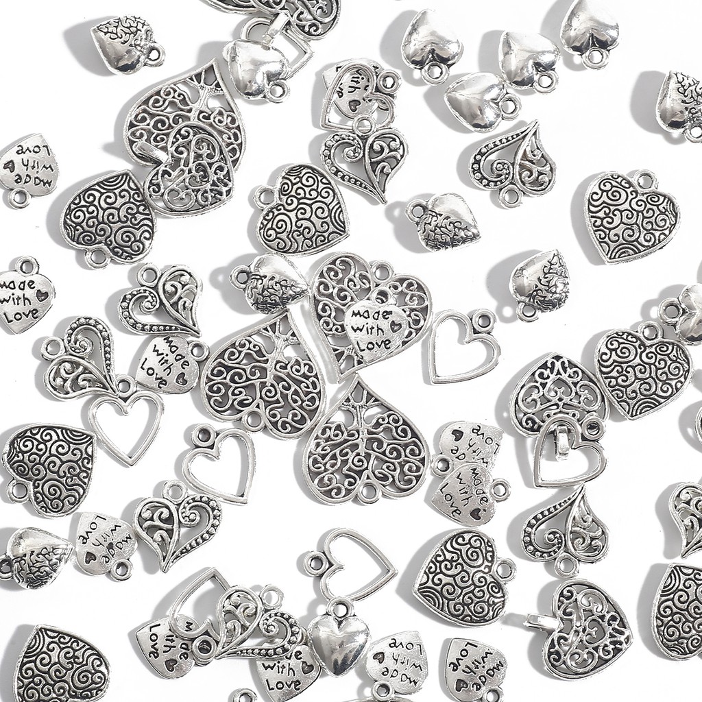 10/20/30/50 PCS Mix Size Alloy Heart Shape Antique Silver color Jewelry Accessories and Components for Making Bracelet Necklace