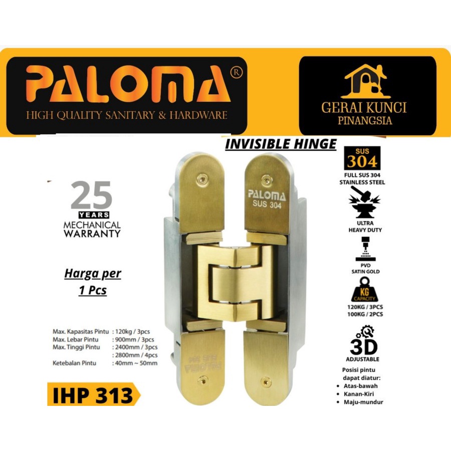 PALOMA IHP 313 ENGSEK CONCEALED HIBGE ENGSEL TANAM PINTU SATIN GOLD