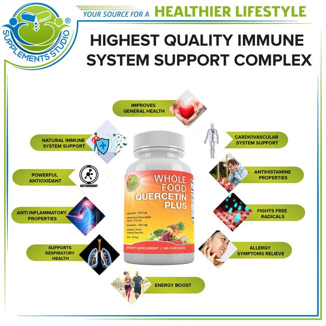 Quercetin &amp; Bromelain + ZINC + VITAMIN C + Whole Foods ORGANIC 180 Capsules Supplements Studio USA